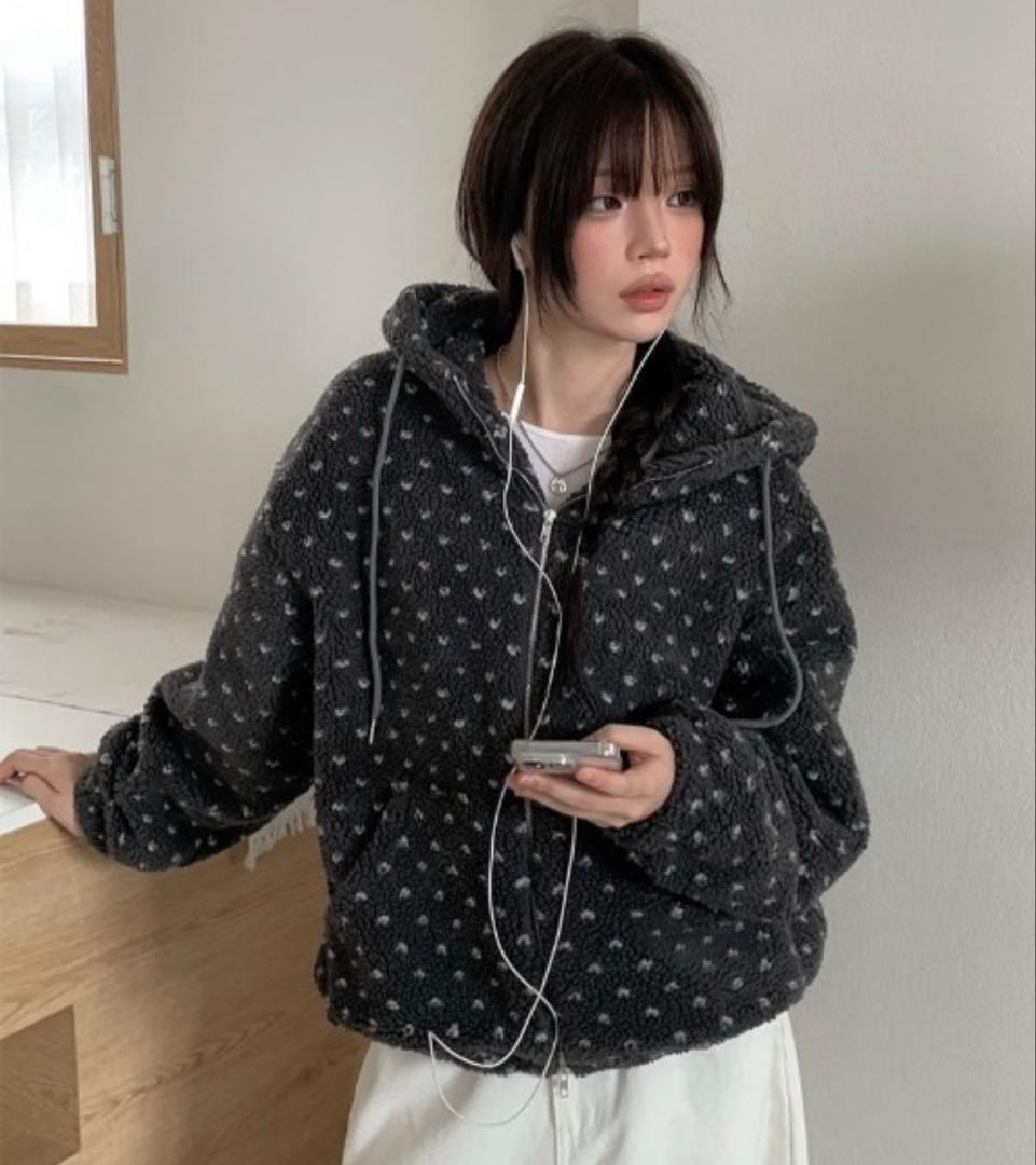 anyonemore ハート柄フリースジップパーカー