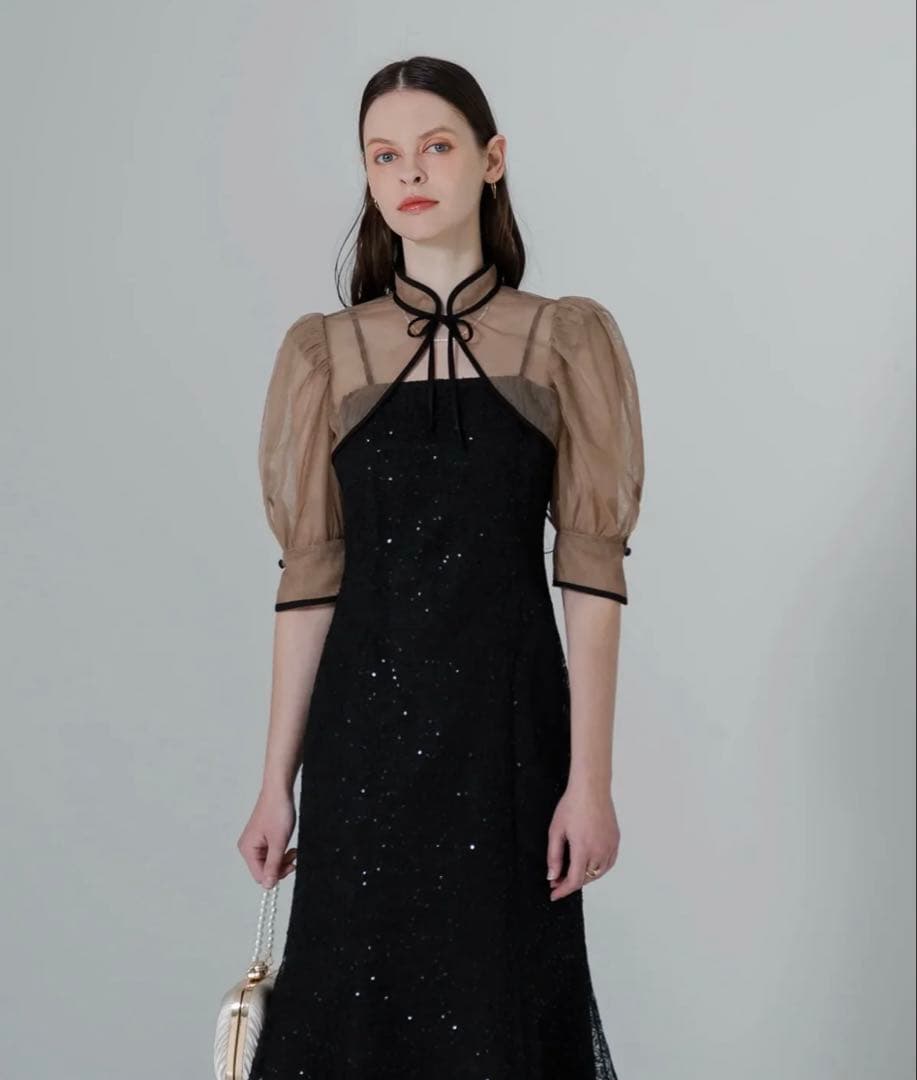 LEJA スパンコール刺しゅうマーメイドパフスリーブ2wayチュールワンピース