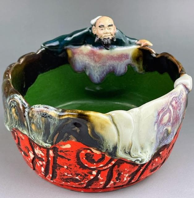 【希少】隅田焼 高浮彫人物立体造形焼物 明治期 ボウル トレイ 深皿 井上良斎