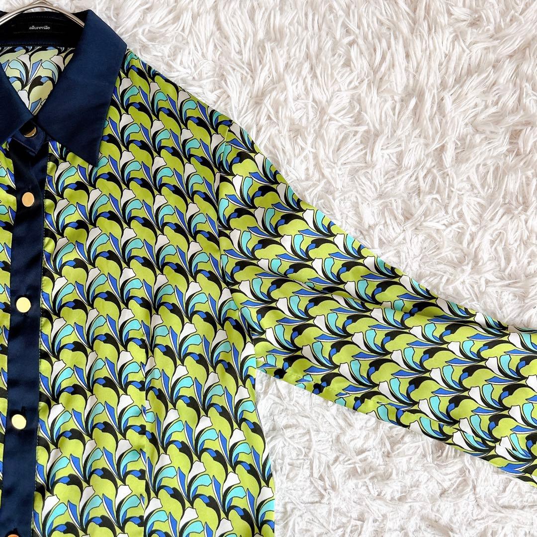 美品⁂アルアバイル⁂長袖シャツロングワンピース　リーフジオメトリック　総柄　M