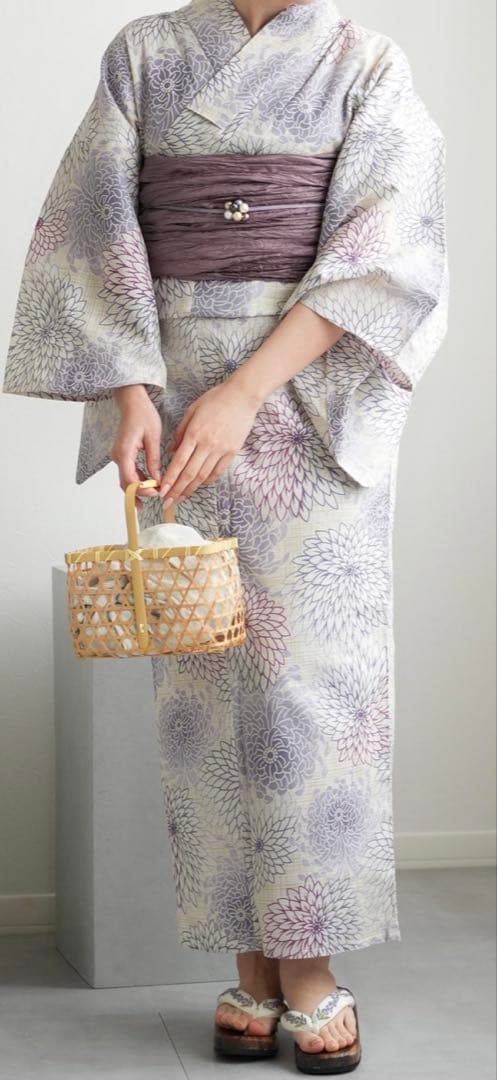 utatane 高級変わり織り浴衣3点セット 先染め風ベージュに涼しげ糸菊