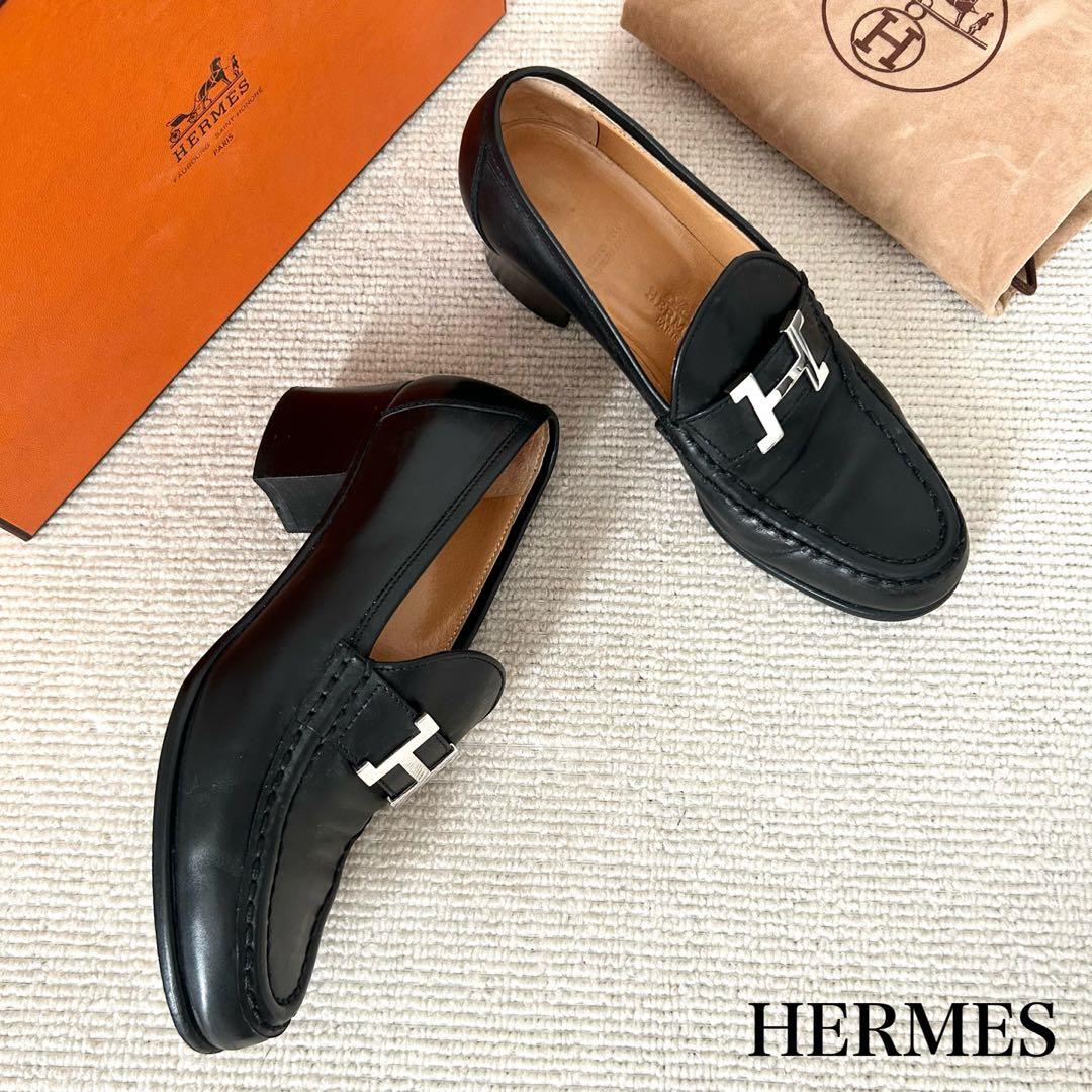 エルメス ローファー コンスタンス H金具 ヒール パンプス 黒 23cm