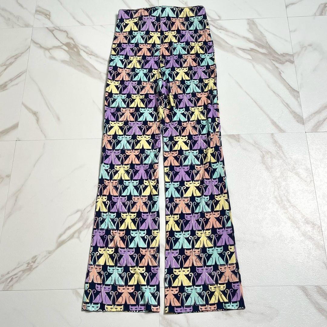 美品 猫 総柄●miu miu フレアパンツ ストレッチ 伸縮 マルチカラー S