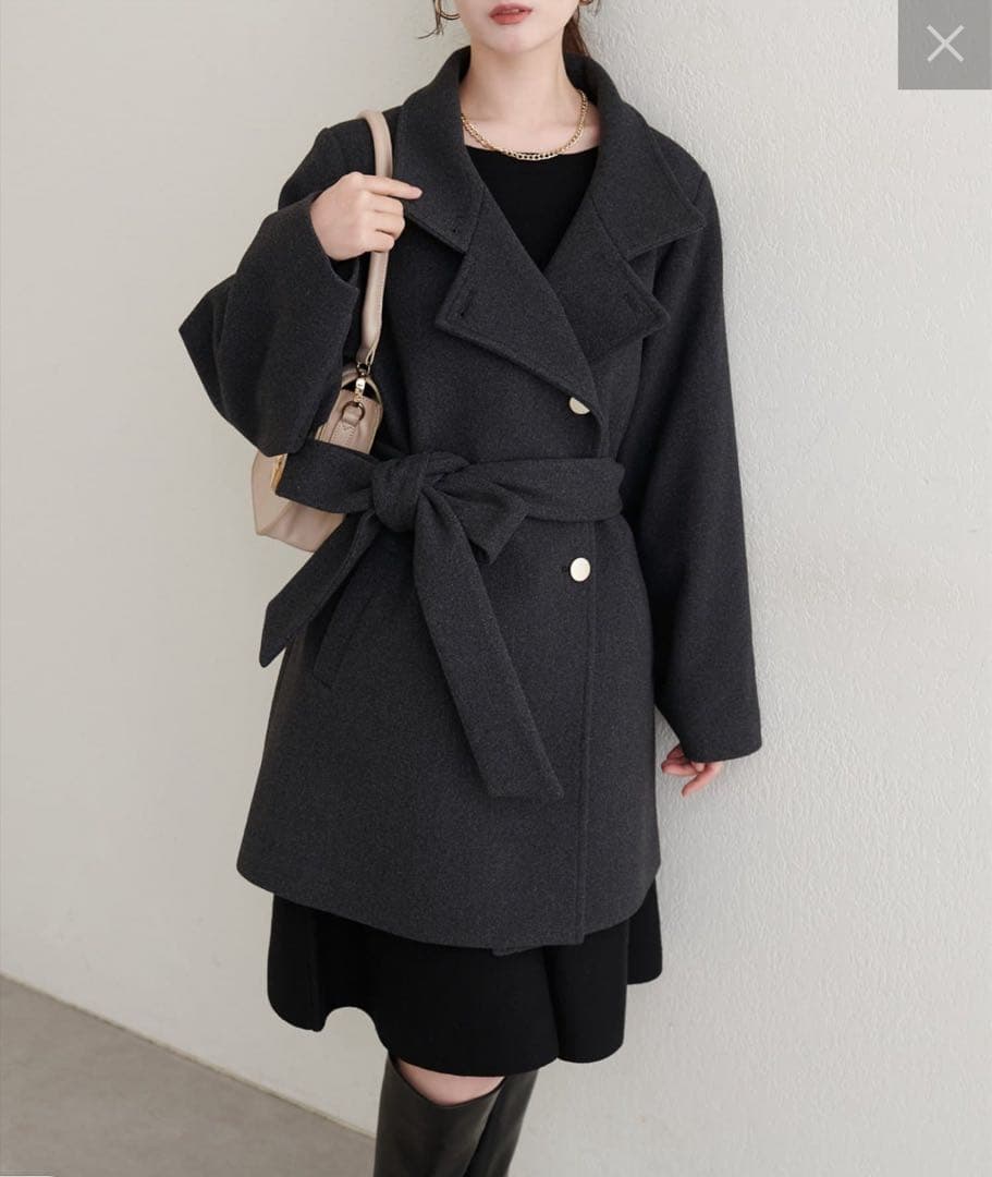 中古　ナチュラルクチュール　スタンドカラーミドル丈コート　ako グレー