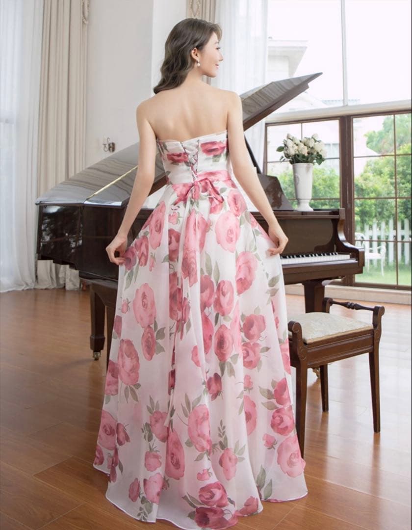 [SETTAN]ホワイト×ピンクフラワープリント・ベア・Aライン・ロングドレス