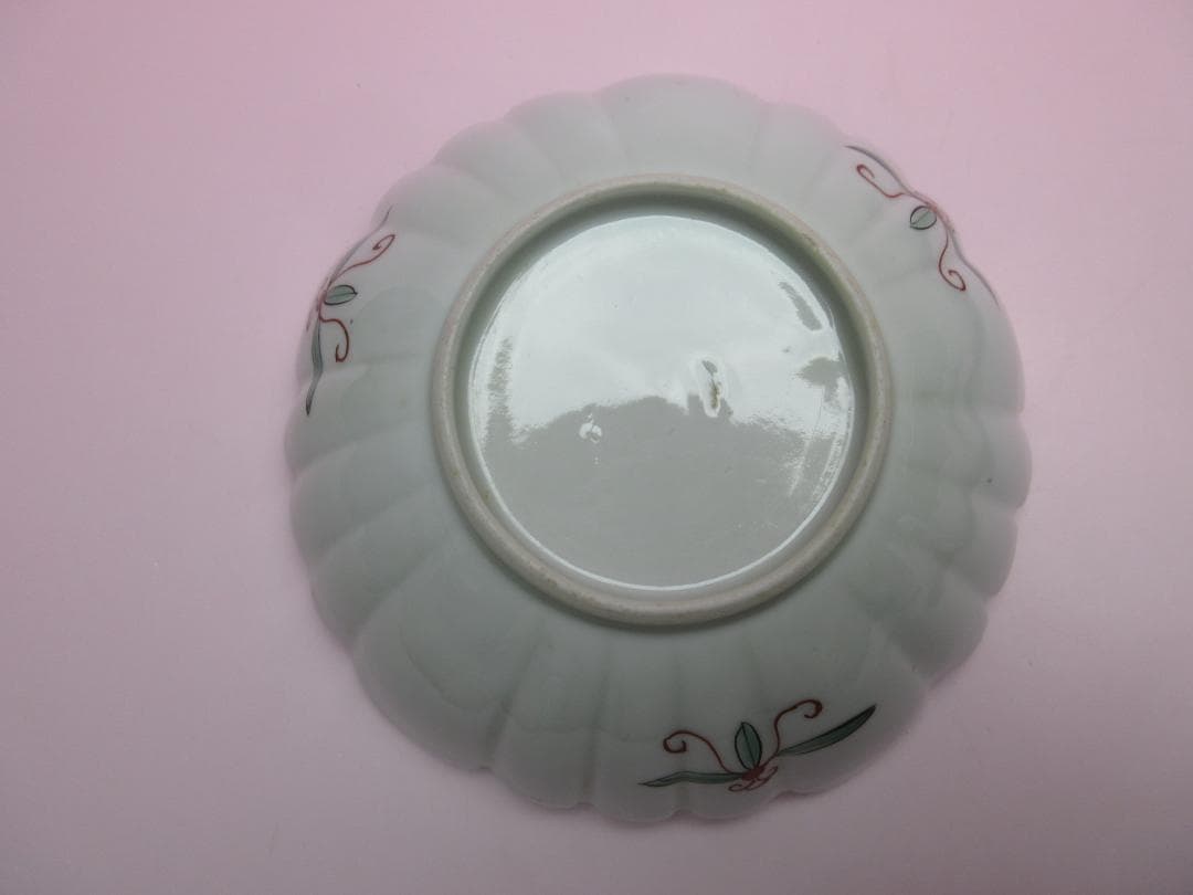 時代 金彩 赤絵 花形 花 巻物紋 中鉢3客 アンティーク M70627