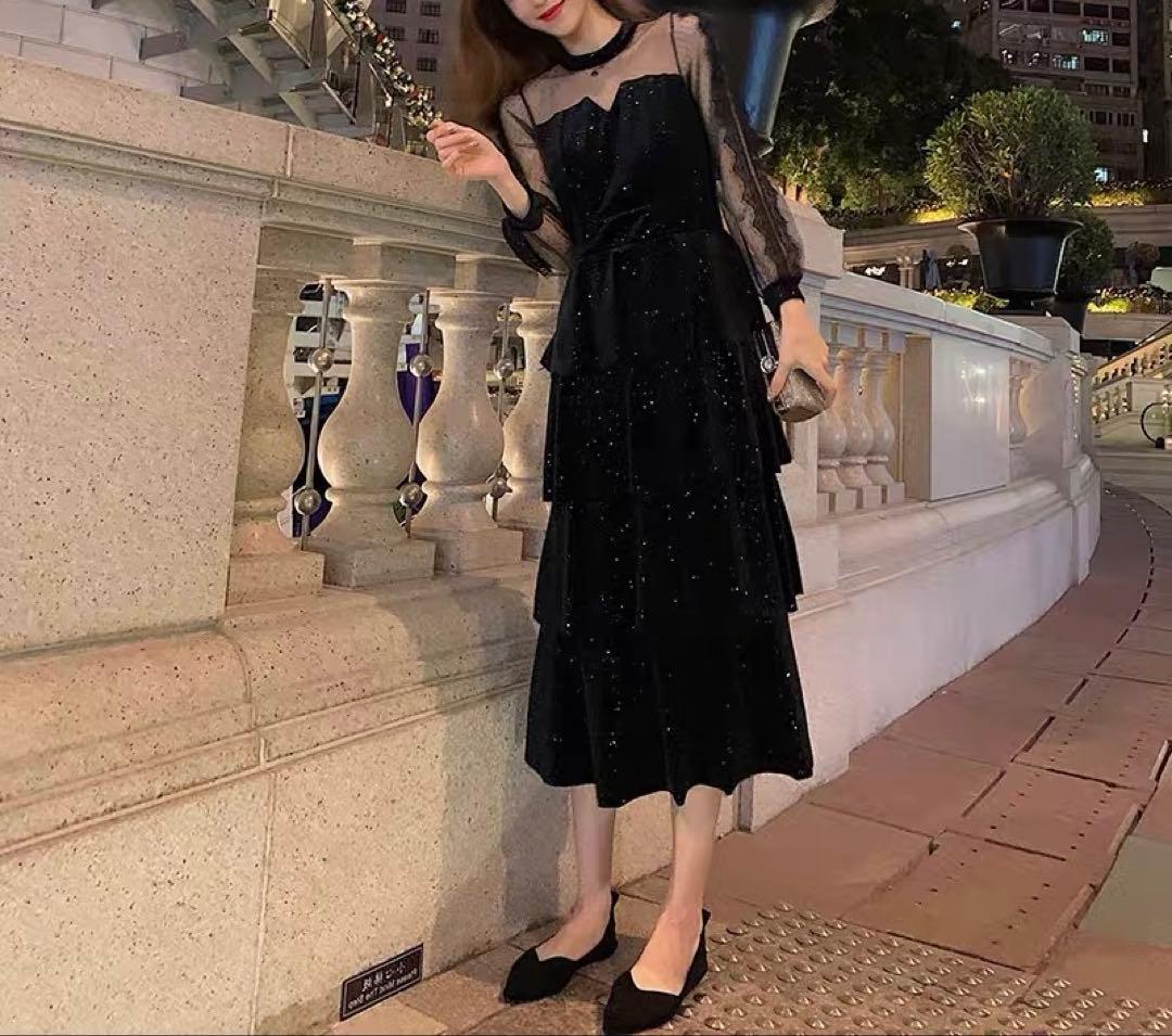 ベロア ロングワンピース 長袖 シースルー 結婚式 パーティードレス お呼ばれ