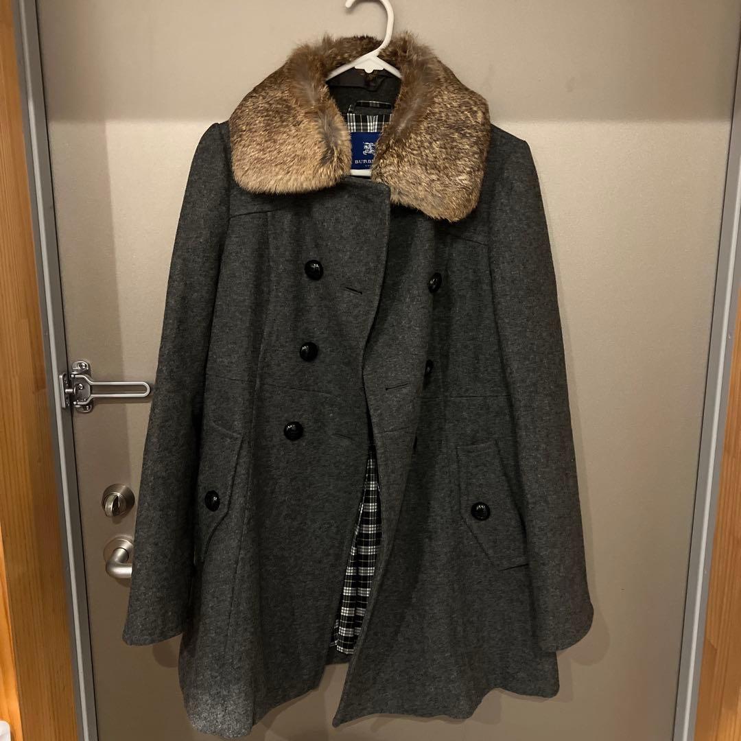 グレー ウール ピーコート ファー襟付き