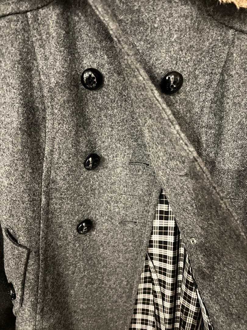 グレー ウール ピーコート ファー襟付き