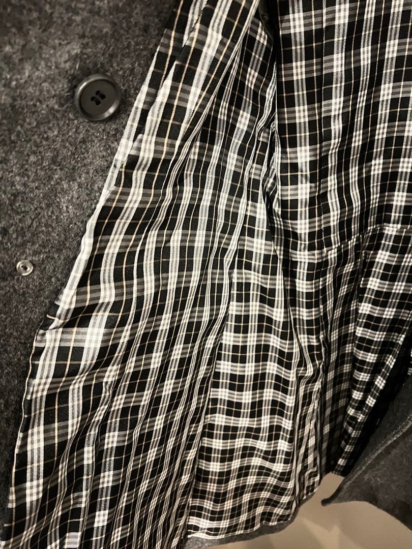 グレー ウール ピーコート ファー襟付き