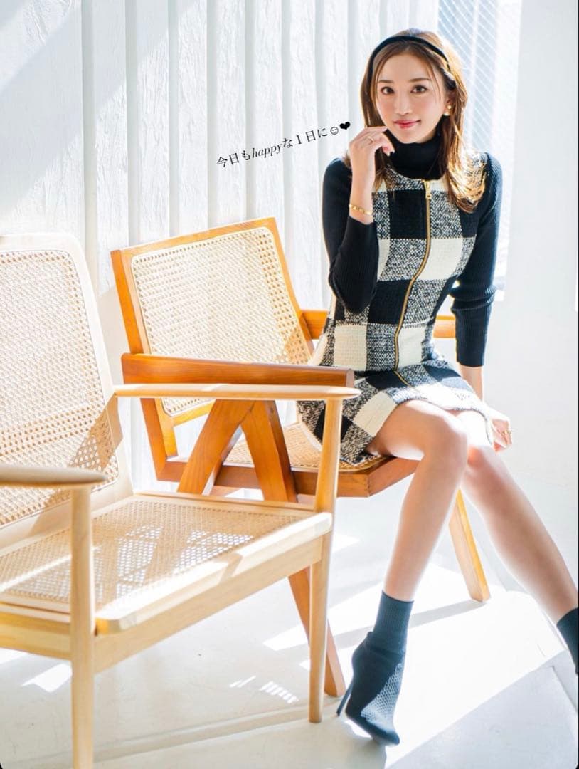 sheller シェリエ ジップアップ チェック ツィード ワンピース