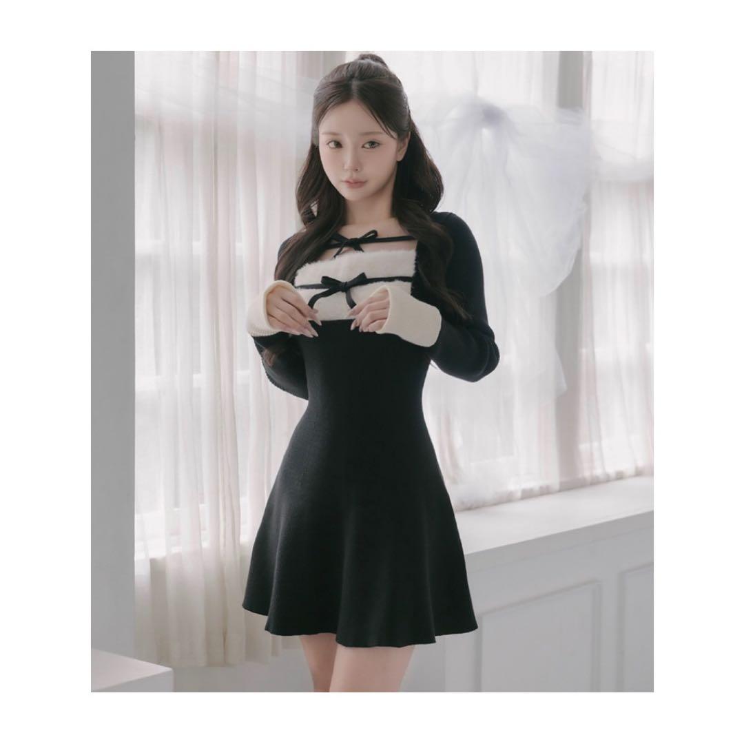 リボンファーフレアニットミニワンピース