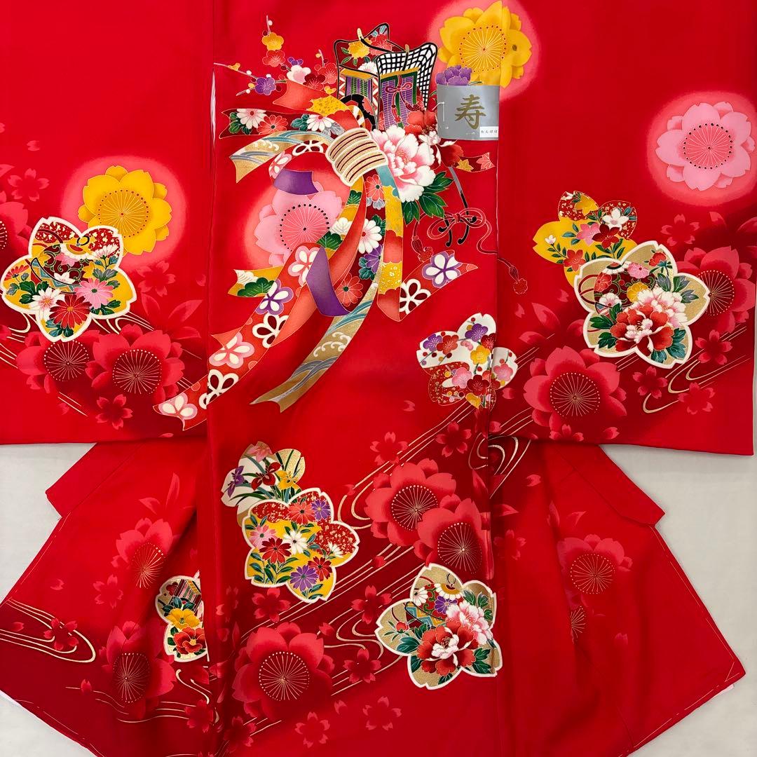 新品正絹産着（お祝着）最高級京友禅伝統多色染、本金入り古典四季花車熨斗上品古典文