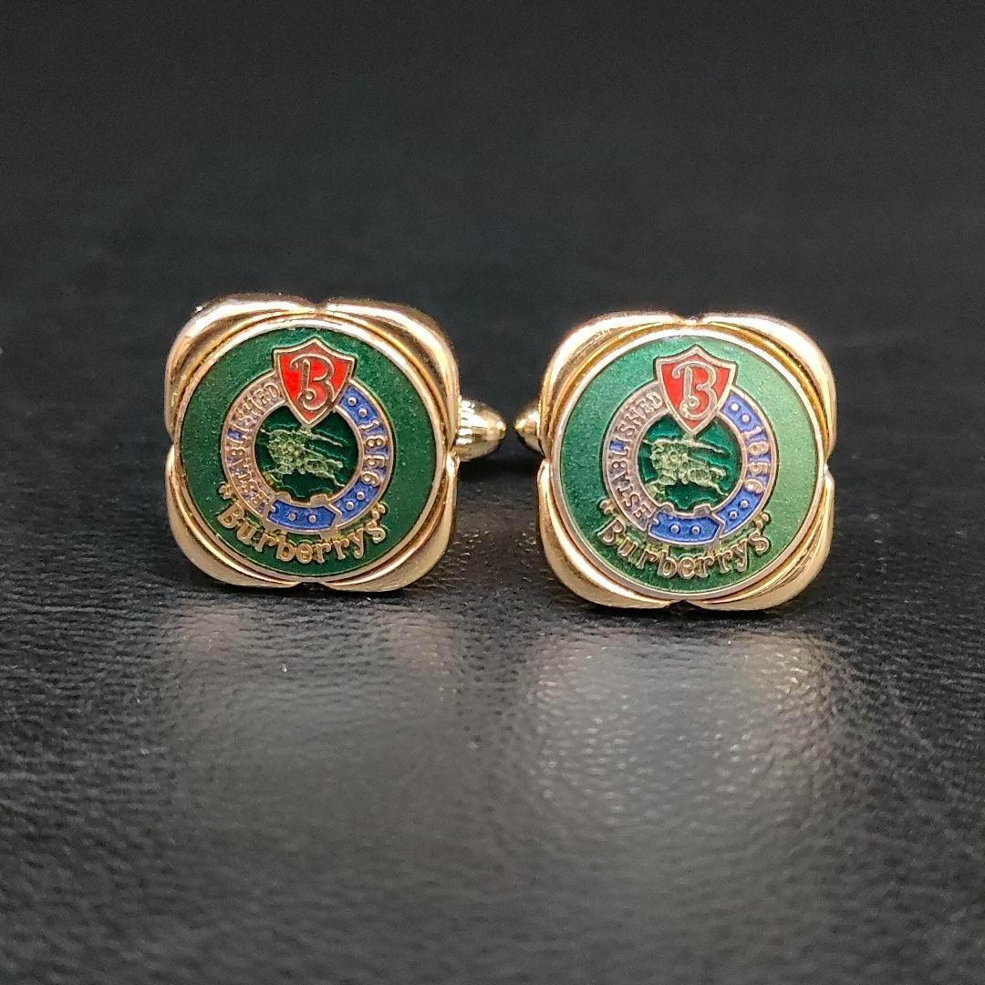 【極美品】Burberryバーバリー　カフス　グリーン　ゴールド 　ブルー　騎馬