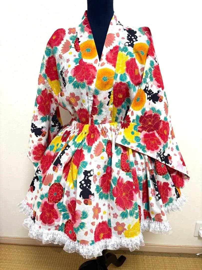 【創作】オリジナル浴衣 ミニ丈 ドレス浴衣ディズニー柄　兵児帯セット