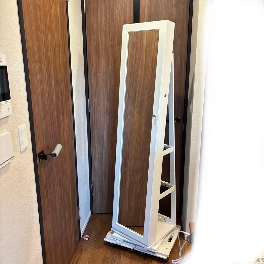 ぽんず　ホワイト スタンドミラー 収納付き　アクセサリーケース　姿見