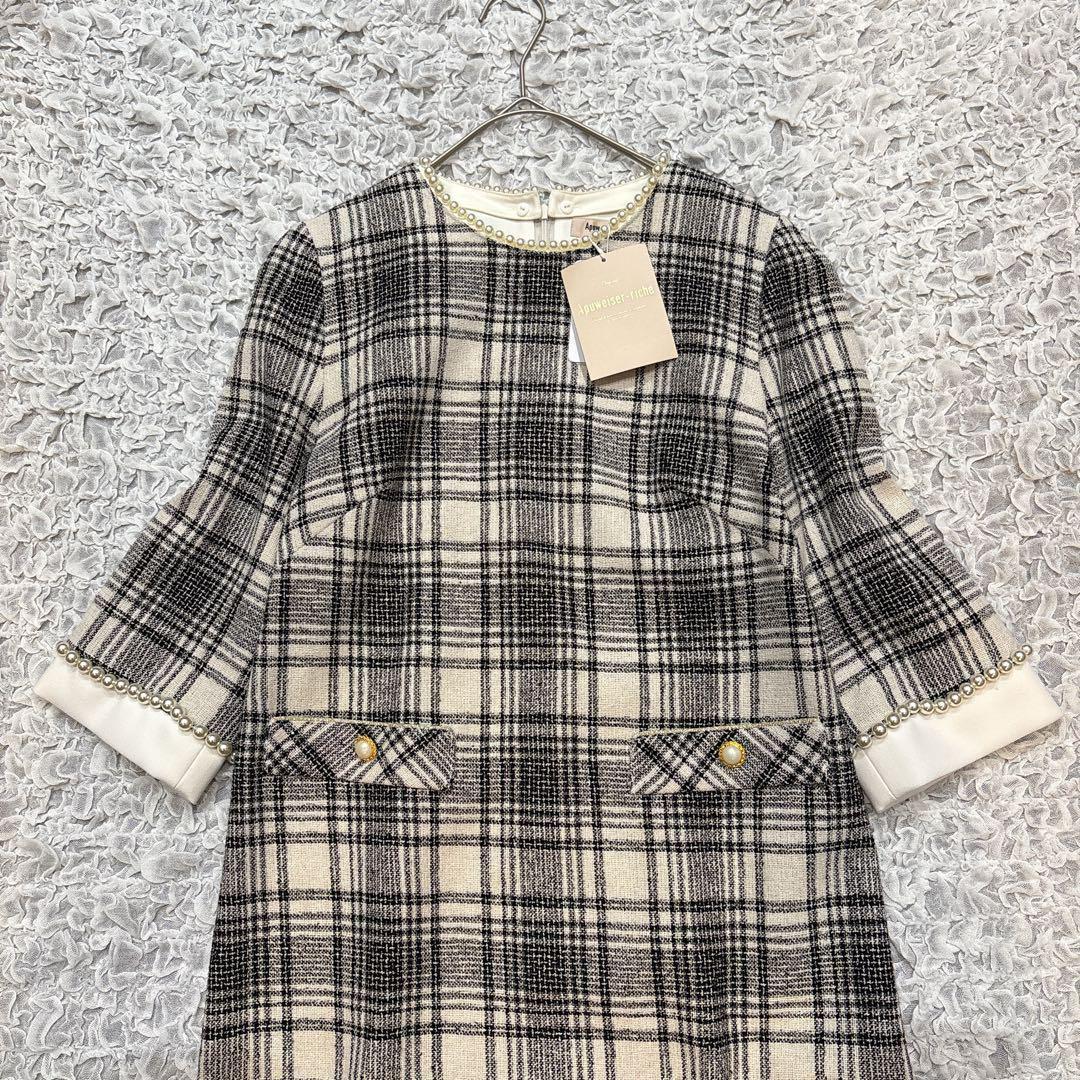 【タグ付】 アプワイザーリッシェ ツイードパールワンピース 7分袖 S チェック