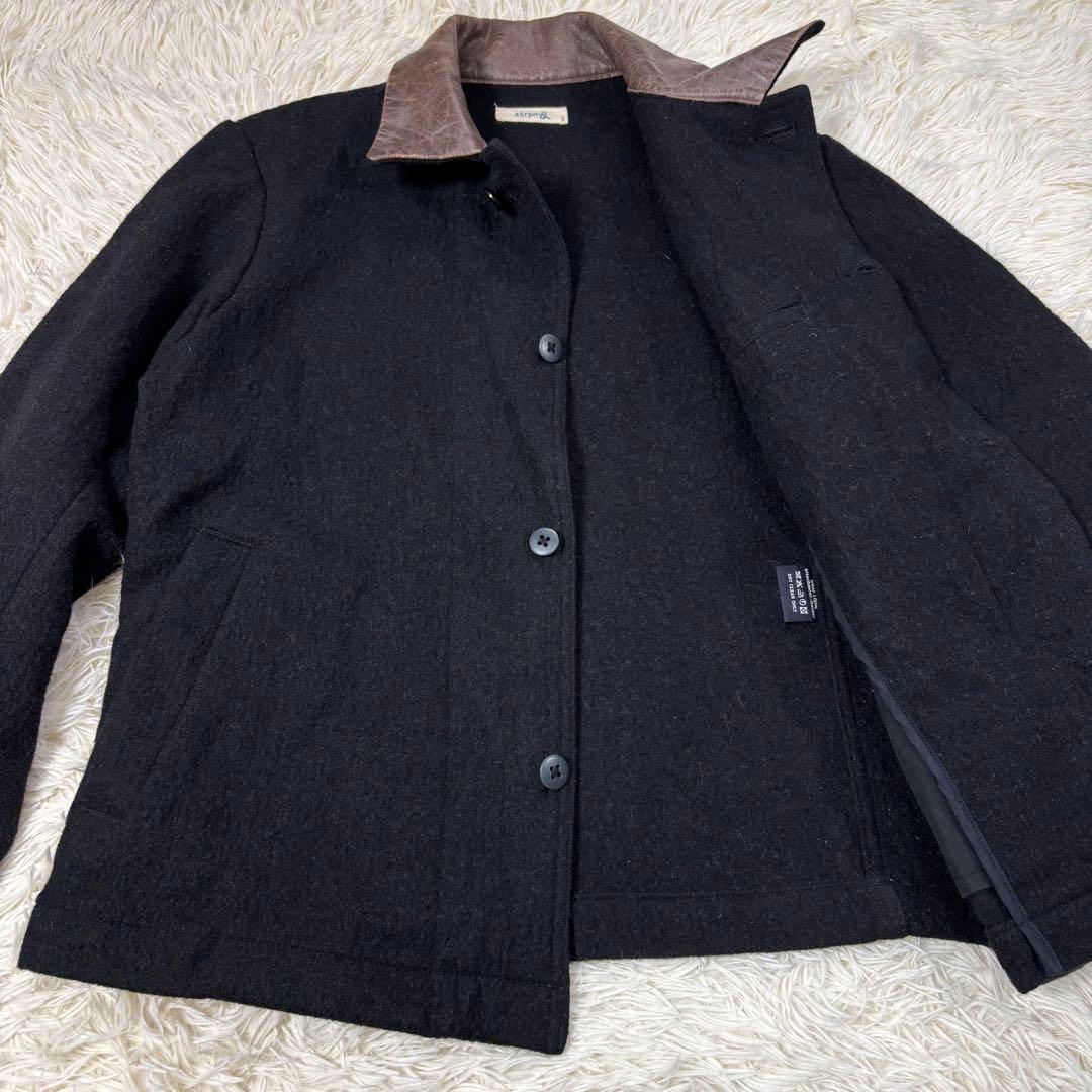 45RPM ウールジャケット 襟レザー 異素材切り替え ブラック Lサイズ