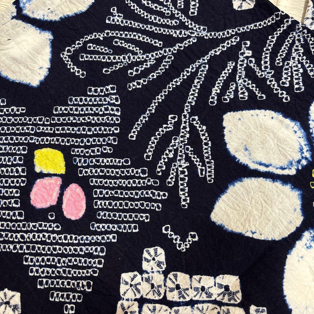 ④有松絞り浴衣 レトロ 紺色白色 花 身丈156