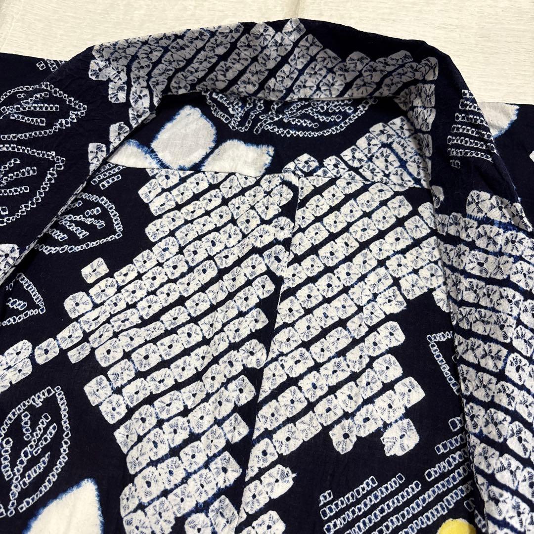 ④有松絞り浴衣 レトロ 紺色白色 花 身丈156