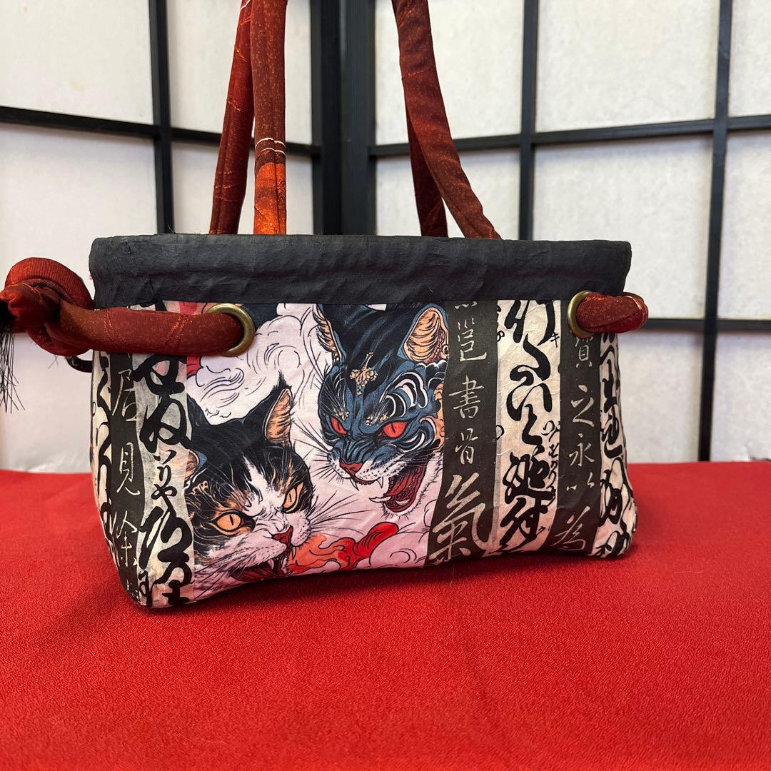 妖猫 化猫 一閑張り バッグ かごバッグ ハンドバッグ 和 手作り 小さめ