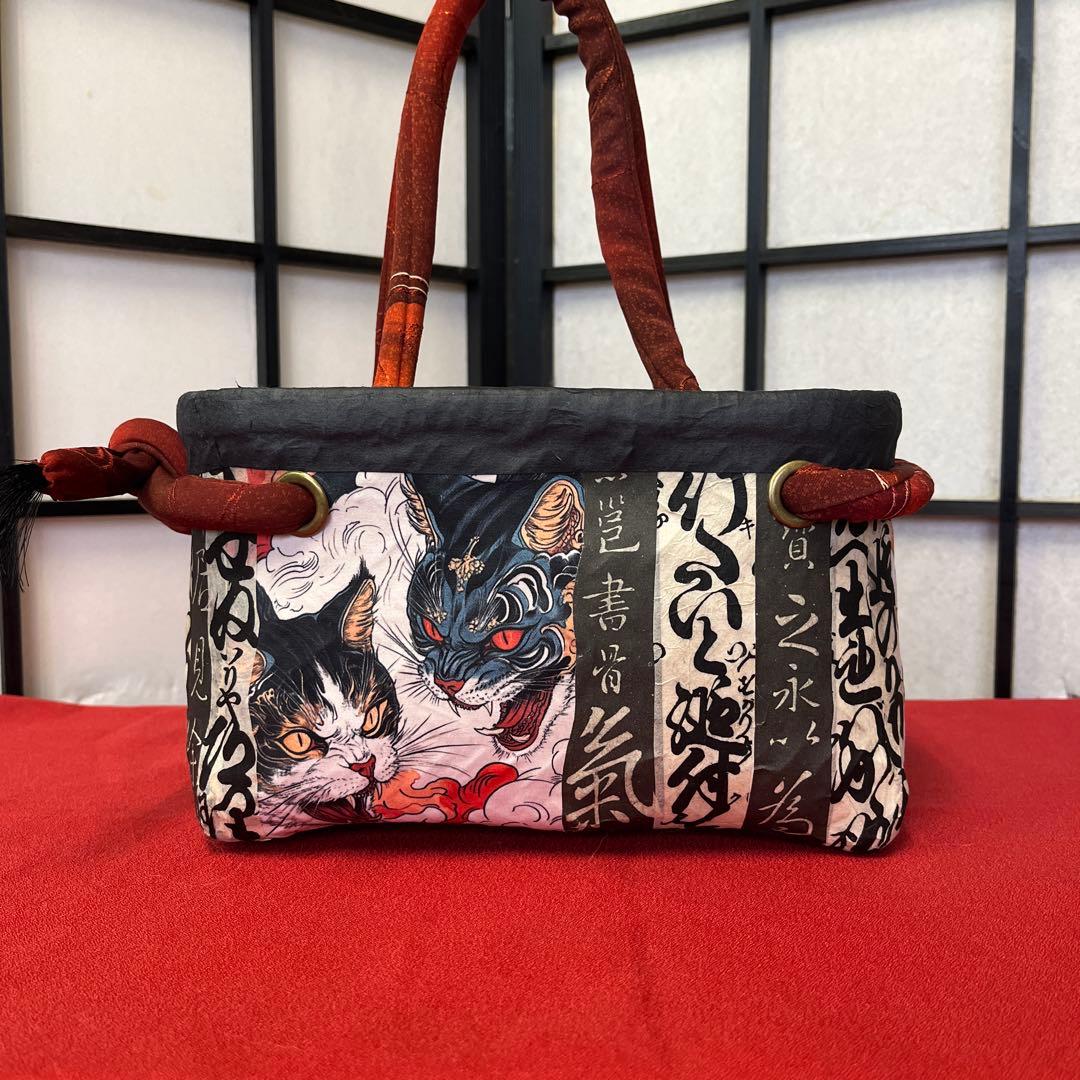 妖猫 化猫 一閑張り バッグ かごバッグ ハンドバッグ 和 手作り 小さめ