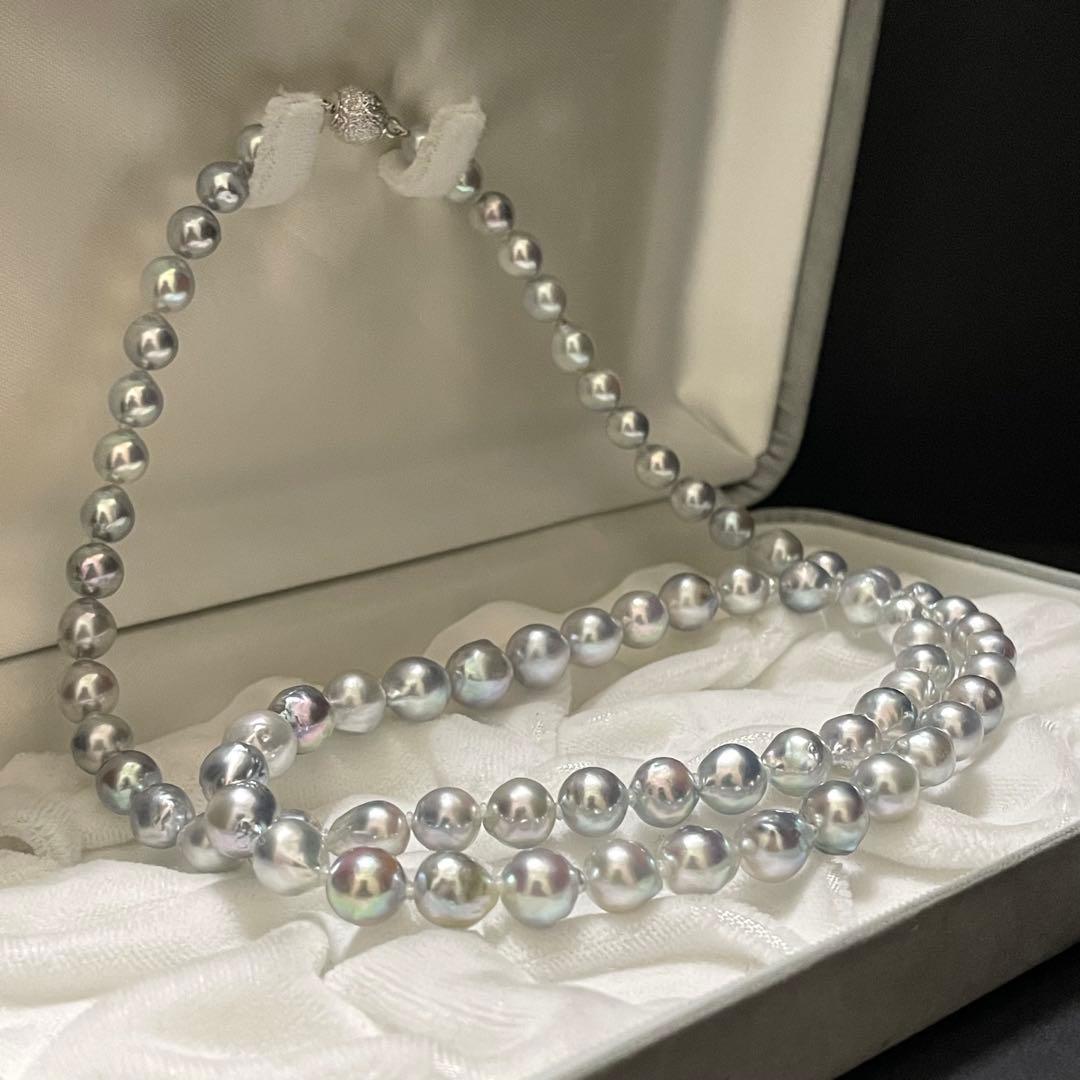 【テリ強✨セミロング】 あこや本真珠 ネックレス6.0-9.0 バロック ブルー