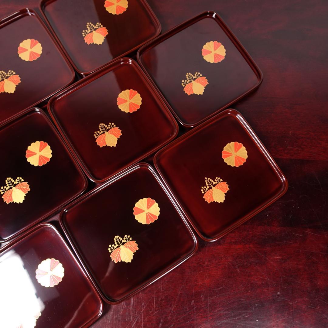 輪島塗 溜塗 高台寺蒔絵 角皿 10客 天然木製漆器