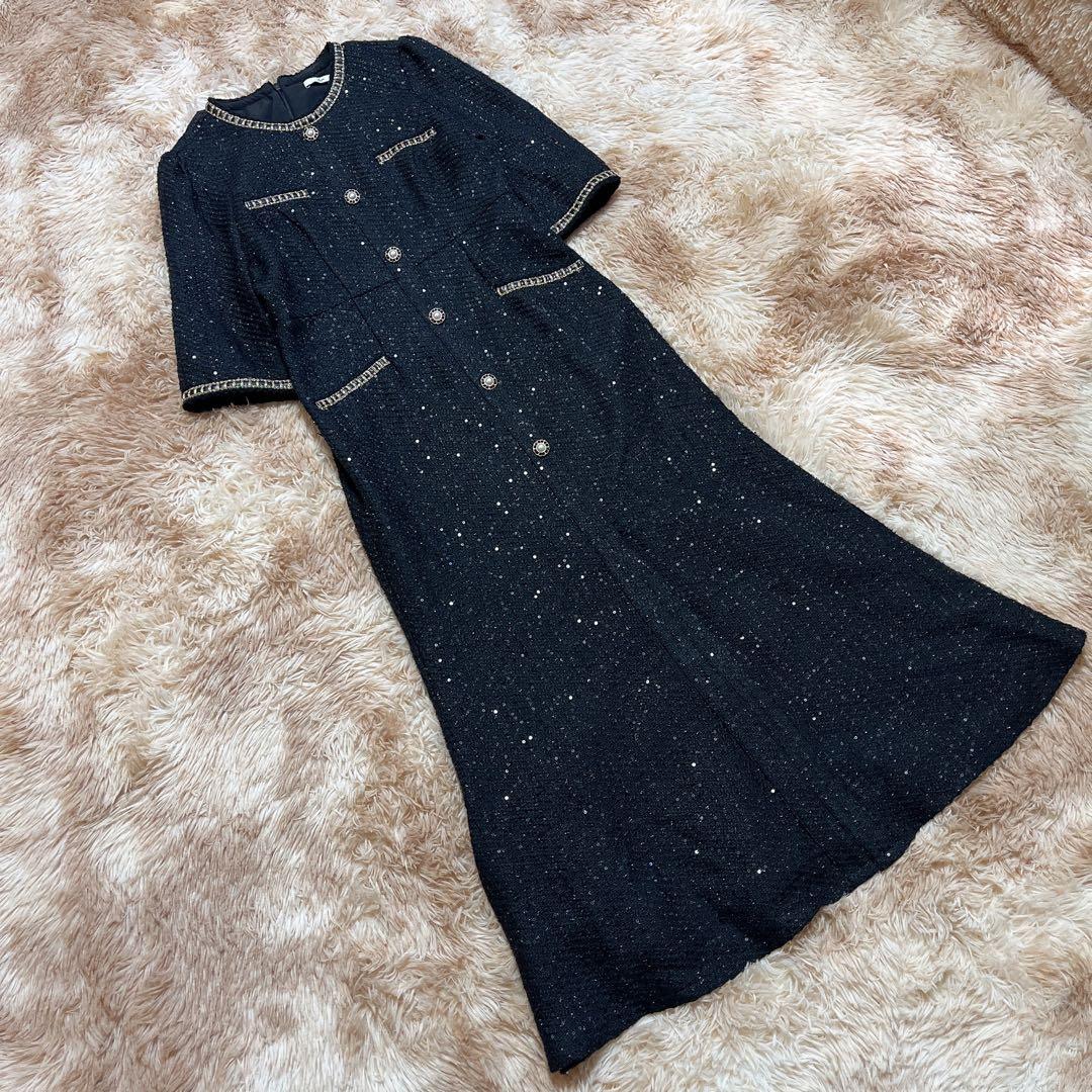 Leja (M) ラメ混ツイードレザーパイピングパール釦スパンコールマーメイド