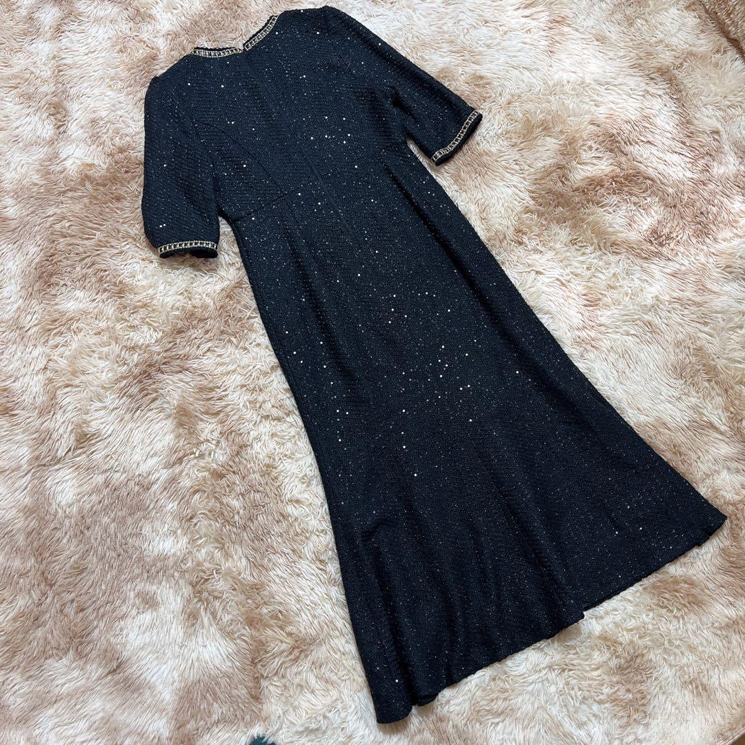 Leja (M) ラメ混ツイードレザーパイピングパール釦スパンコールマーメイド