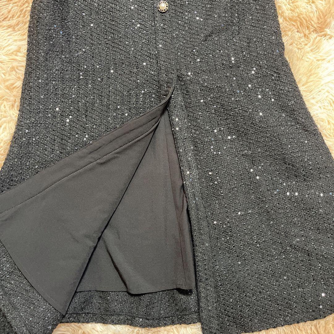 Leja (M) ラメ混ツイードレザーパイピングパール釦スパンコールマーメイド