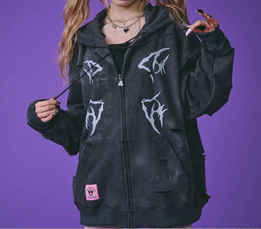 GALFY クロミ Lサイズ ブラック ダメージパーカー