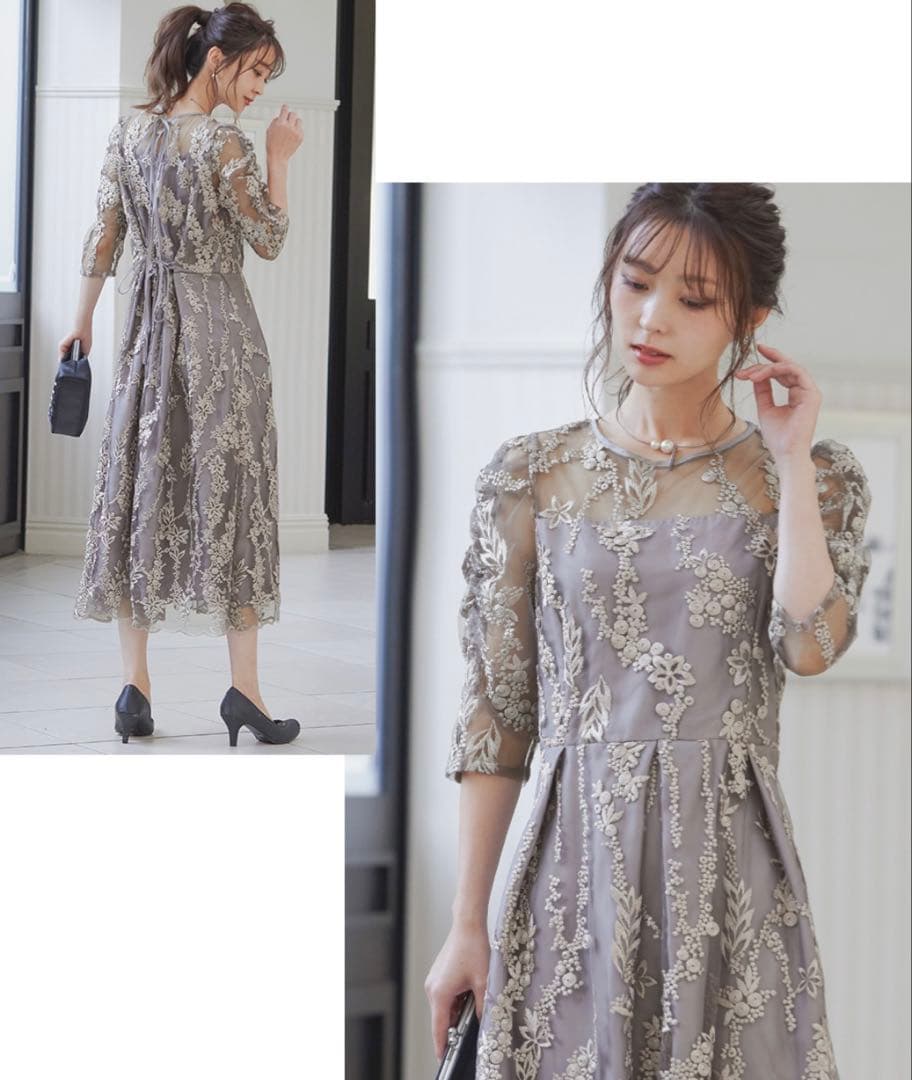 グレー刺繍入りミディ丈ドレス M