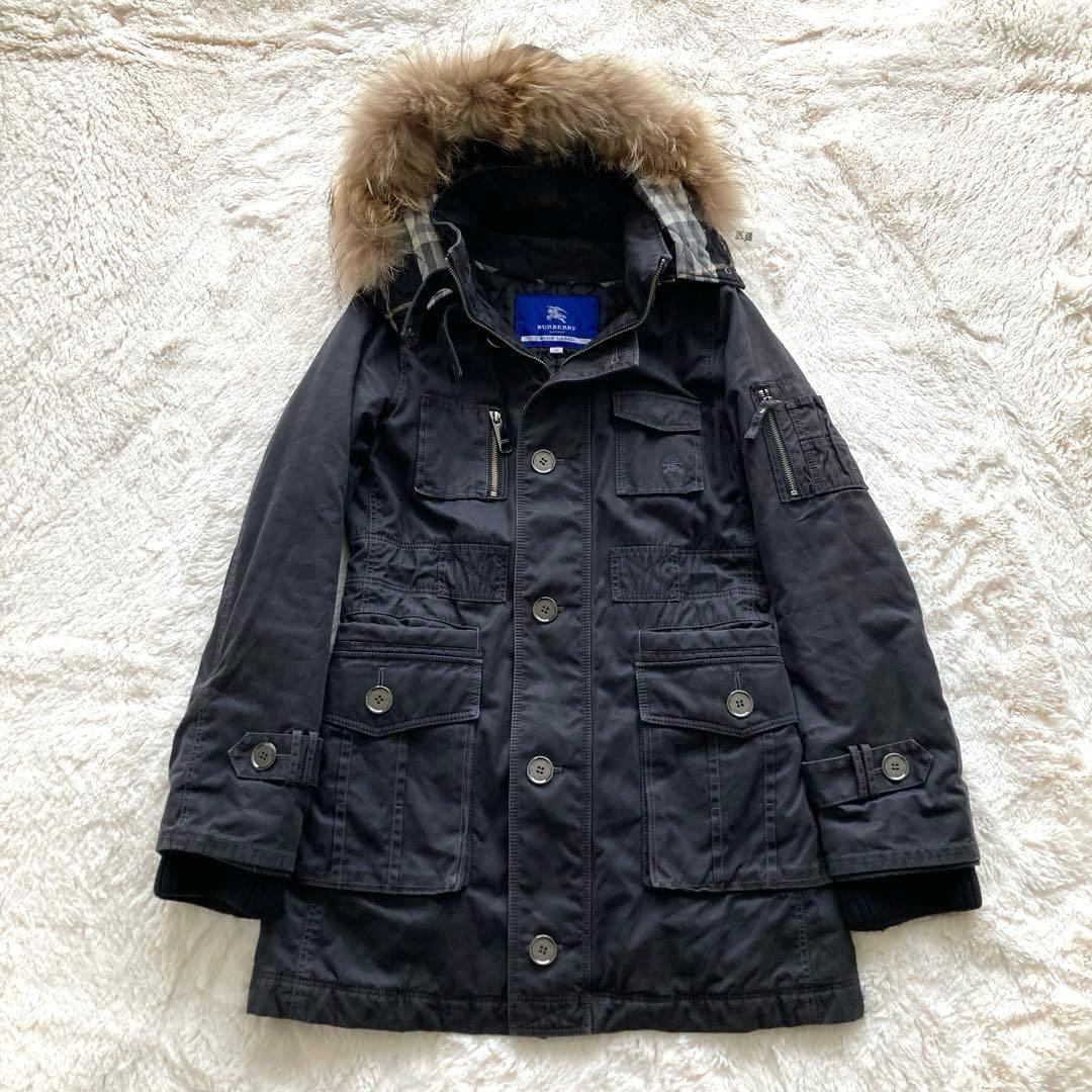 【美品】バーバリーブルーレーベル ミリタリージャケット リアルファ 中綿 黒