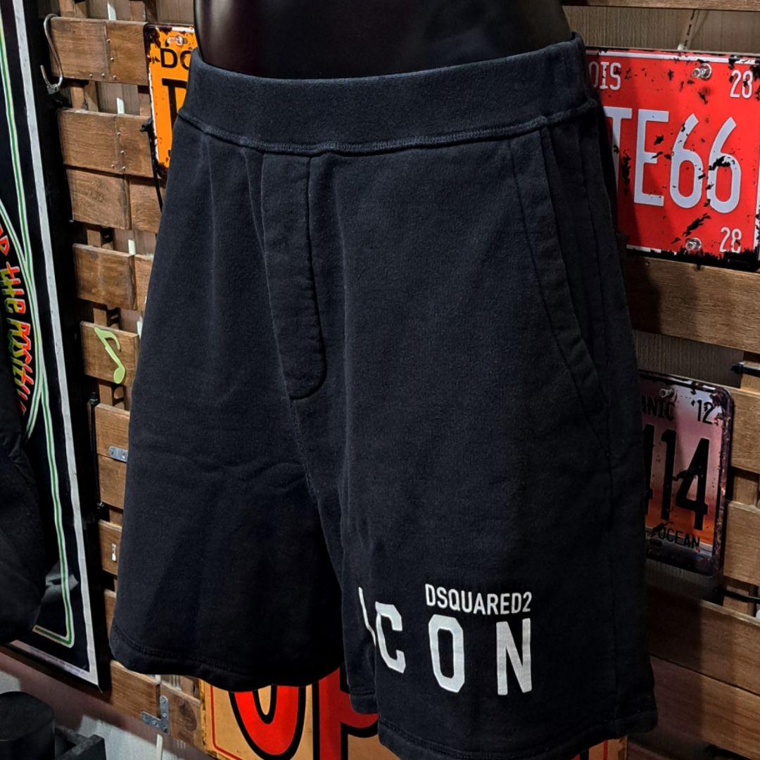 ディースクエアード　アイコン　プリント　裏起毛　ハーフパンツ　L　ブラック