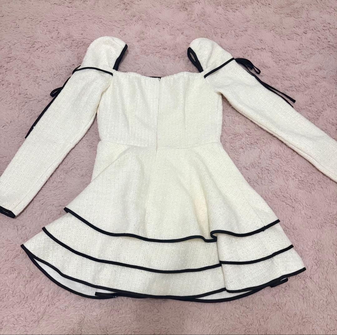 ワンピース Ribbon trim tweed mini onepiece