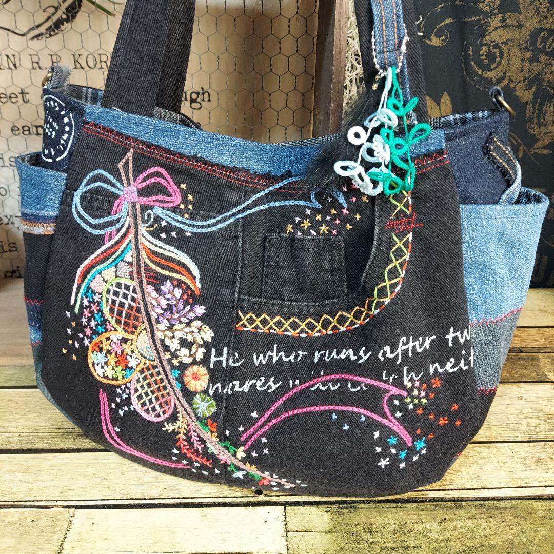 【ふはち】刺繍デニムバック　No.655　ショルダーベルト