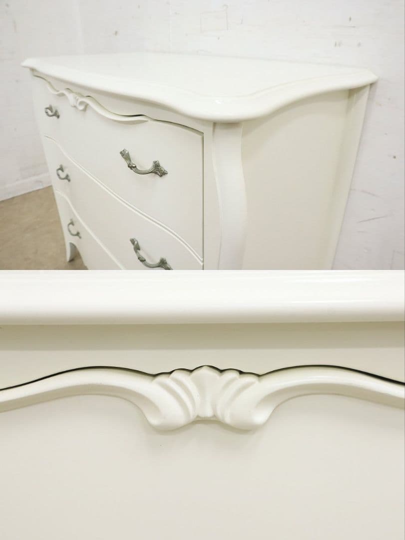 IDC大塚・東海家具【リモージュ】3段チェスト・ロココ・白家具・収納