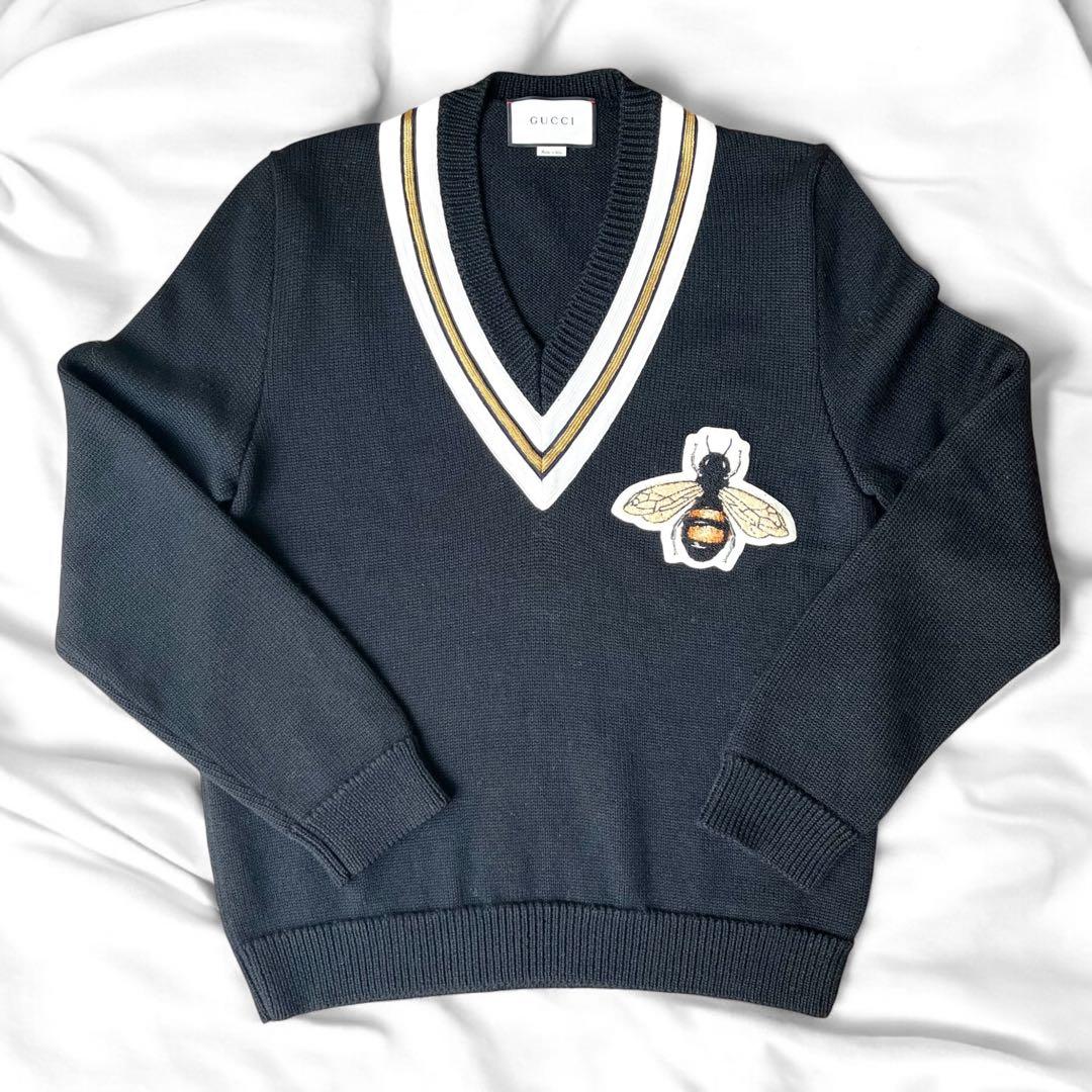 美品 グッチ ビー アップリケ Vネック セーター 蜂 ニット トップス