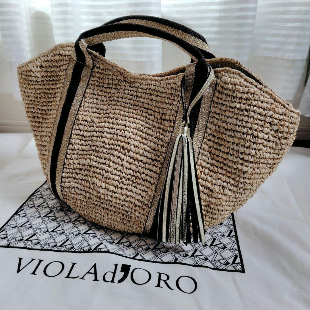美品　ヴィオラドーロ ラフィアトートバッグ　カゴバッグ　牛革タッセル　保存袋
