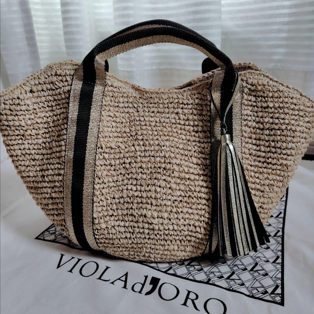 美品　ヴィオラドーロ ラフィアトートバッグ　カゴバッグ　牛革タッセル　保存袋