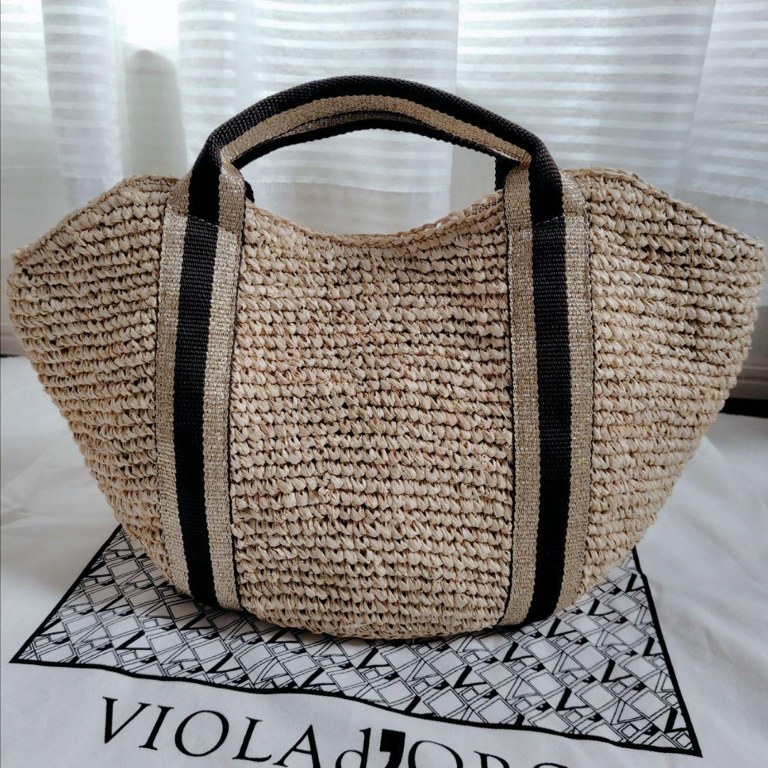 美品　ヴィオラドーロ ラフィアトートバッグ　カゴバッグ　牛革タッセル　保存袋