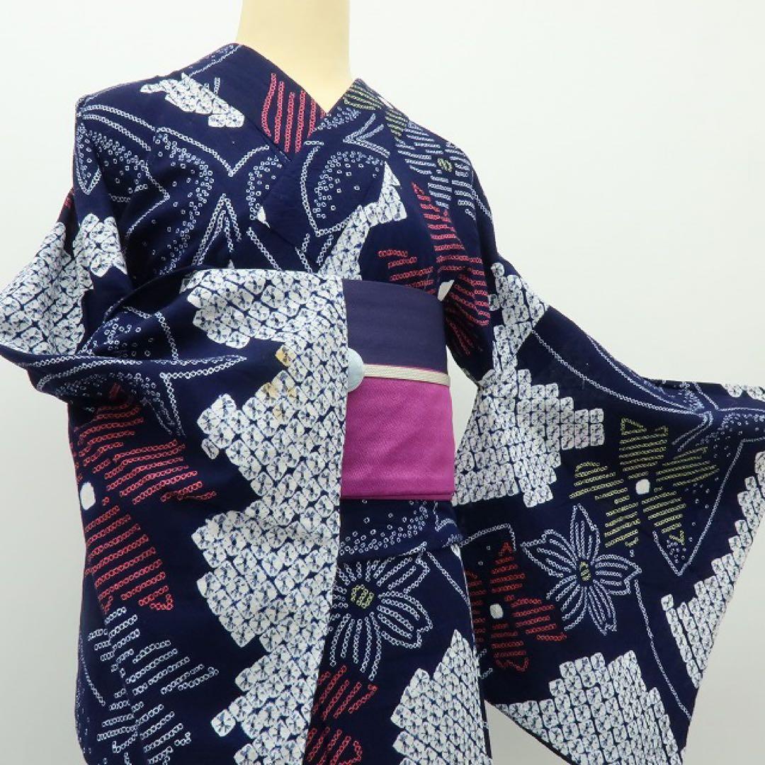 美品 有松鳴海絞り 蝶 高級浴衣 着物 綿 A3150