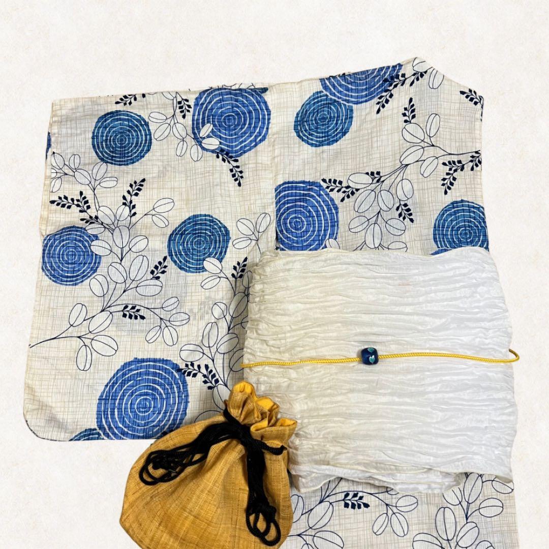 浴衣セット　大人っぽい　涼しげ　綿麻浴衣　兵児帯　帯留•丸紐プレゼント　夏着物