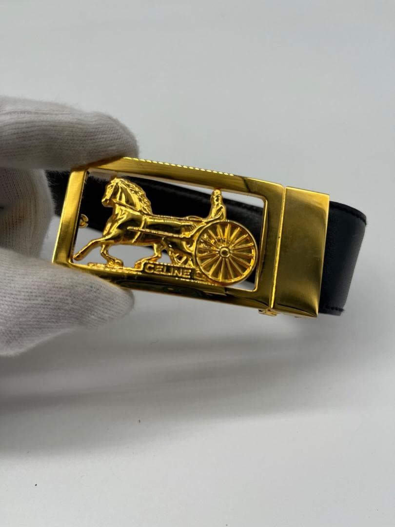 美品✨セリーヌ 馬車金具 ゴールド レザー ベルト 黒 ブラック