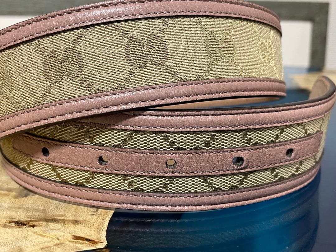 l*x様 グッチ GUCCI GGバックル レザー×キャンバス ベルト ピンクベ
