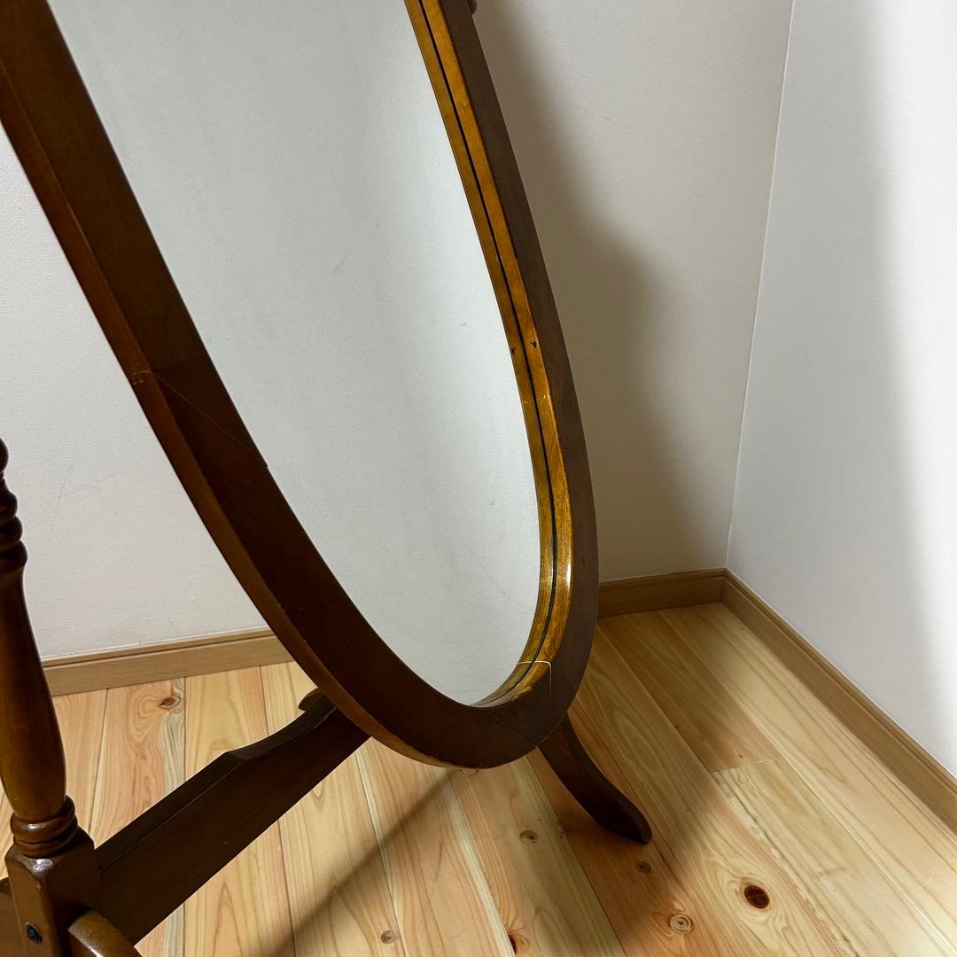 【送料込み】アンティーク姿見　天然木　スタンドミラー ブラウン　オーバル型