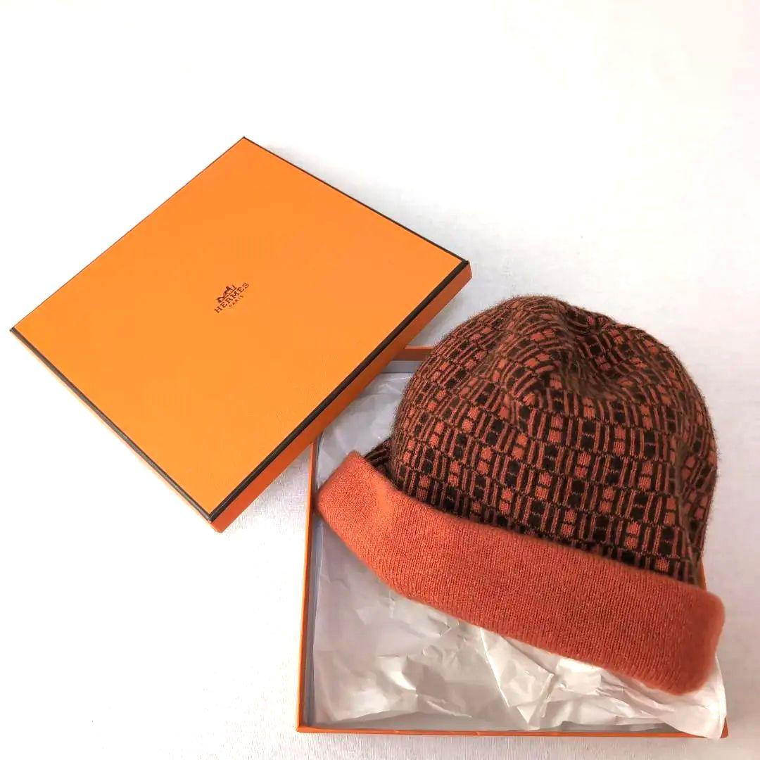 上質カシミヤ100％◆HERMES エルメス ニット帽 総柄ロゴ LA d95