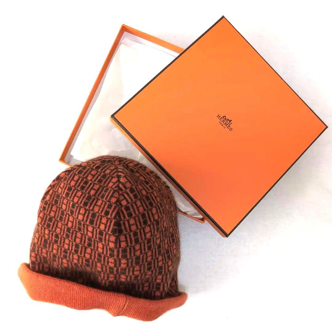 上質カシミヤ100％◆HERMES エルメス ニット帽 総柄ロゴ LA d95