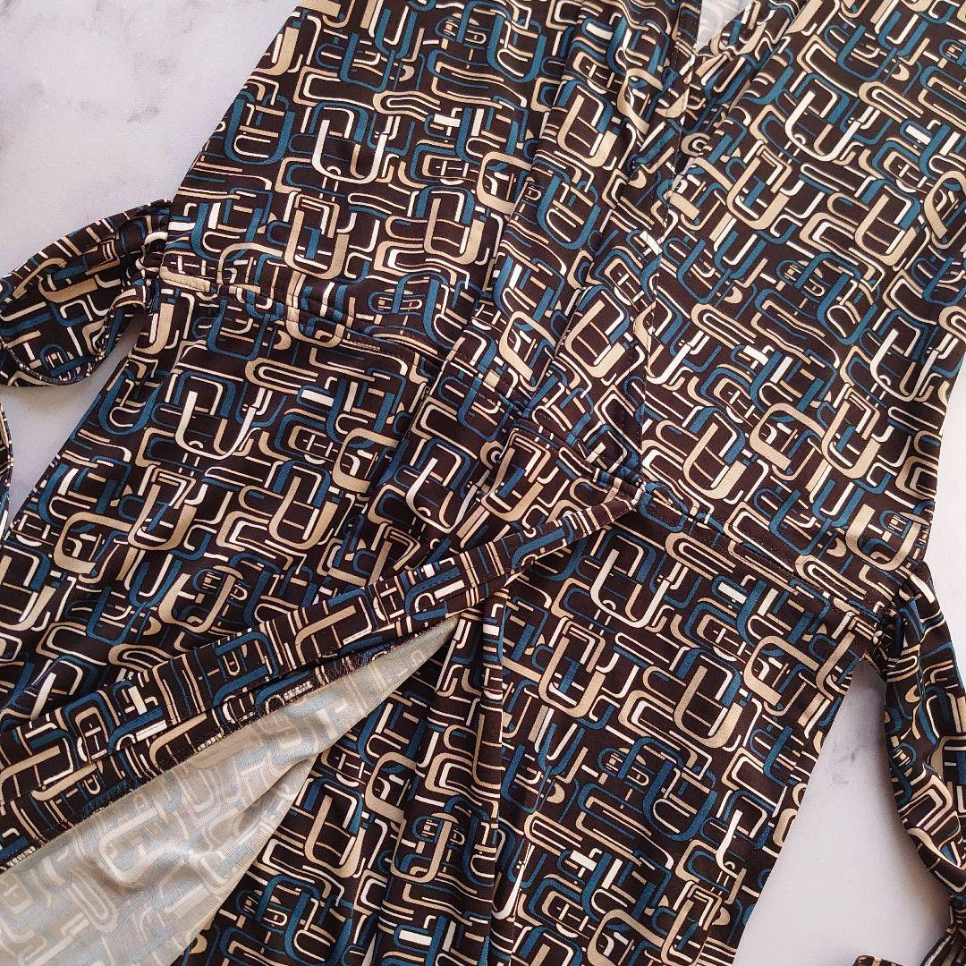 みるレリアン カシュクールワンピース ロング 七分袖 総柄 茶 11 L